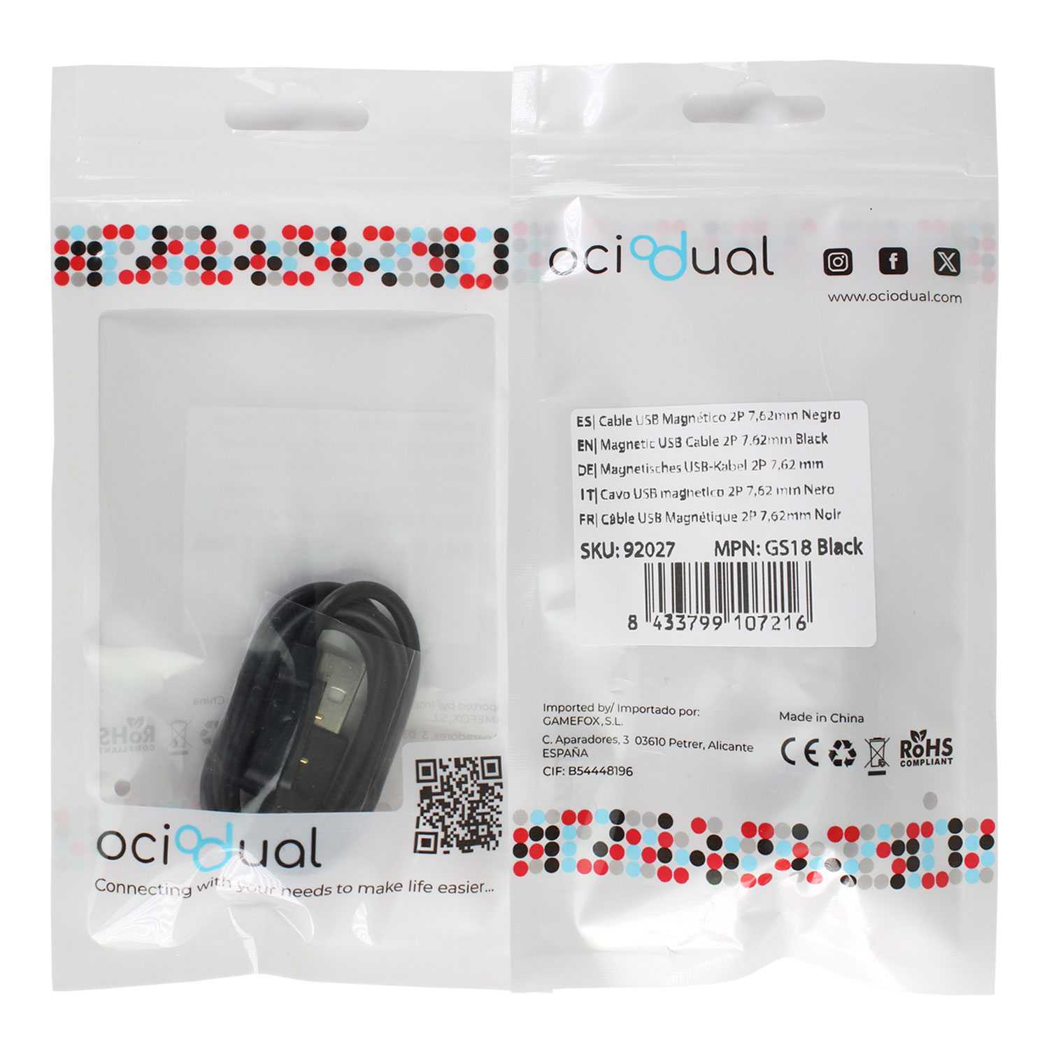 Cable Carga Magnética Negro 2 Pines con Espaciado Separación de 7,62mm para Smartwatch Cargador Magnético USB Dos Imanes Recambio Repuesto Reemplazo Reloj Inteligente