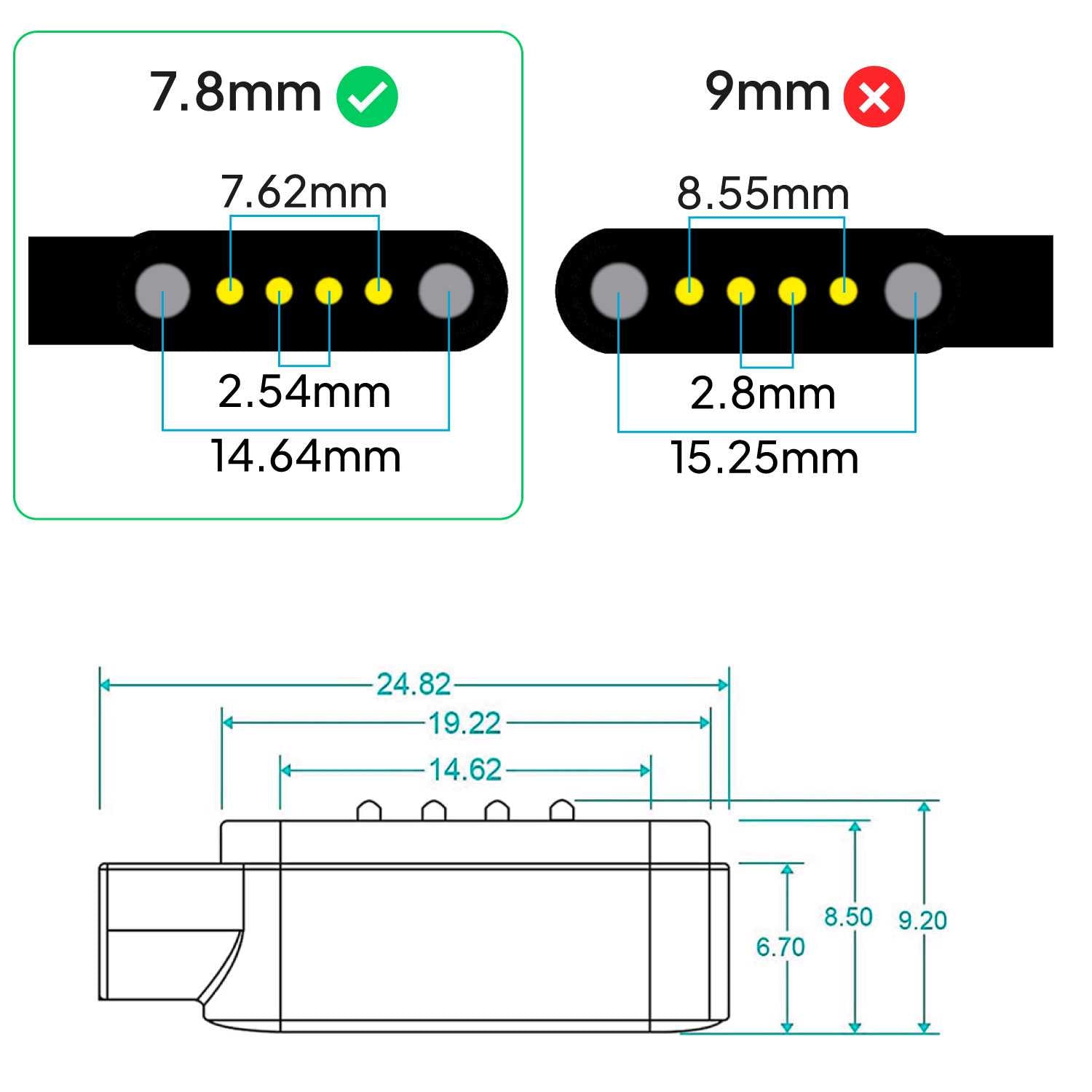 Cable Usb Cargador para Reloj Inteligente Modelo Universal 4 Pines 7,8 mm Base Magnética-Varios modelos smartwatches.Negro