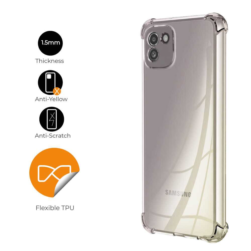 Funda de TPU para SAMSUNG Galaxy A03, Carcasa Flexible con Esquinas Reforzadas Antigolpes, Protección en Cámaras, Silicona Transparente