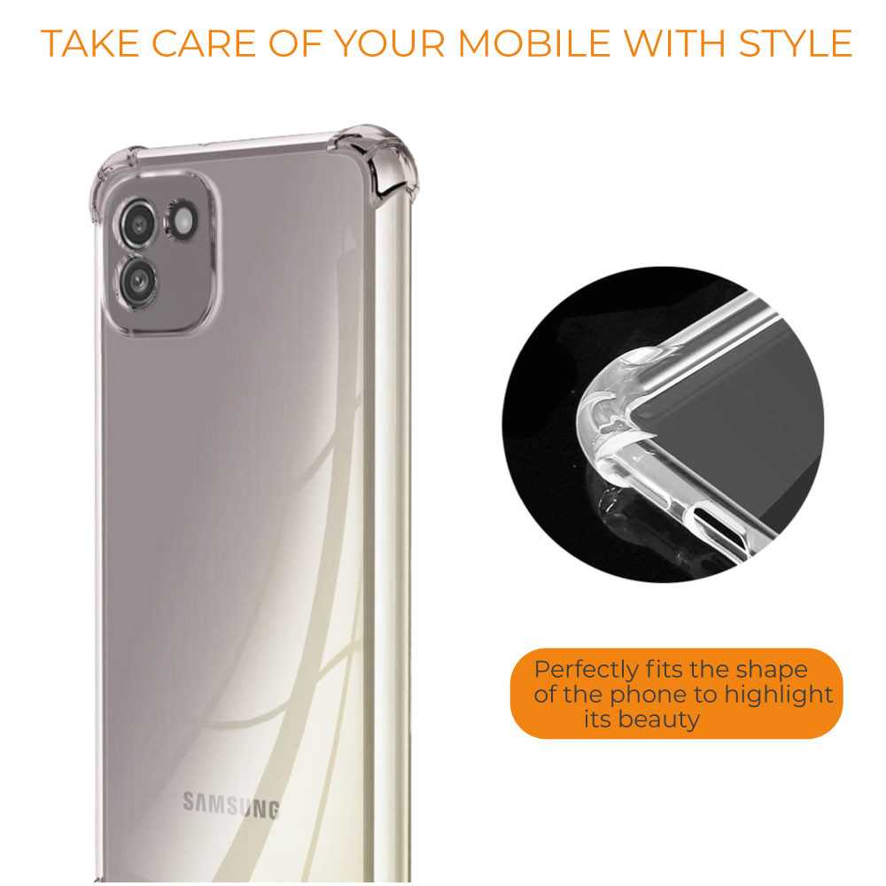 Funda de TPU para SAMSUNG Galaxy A03, Carcasa Flexible con Esquinas Reforzadas Antigolpes, Protección en Cámaras, Silicona Transparente