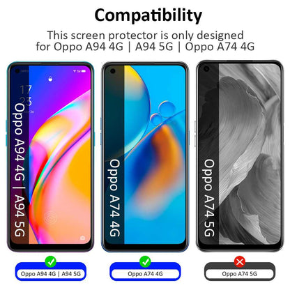 Protector de Pantalla Cristal Templado con Borde Redondo Negro para Oppo A94 5G/A74 4G, Vidrio Templado Antigolpes 9D 9H 0.3mm Marco