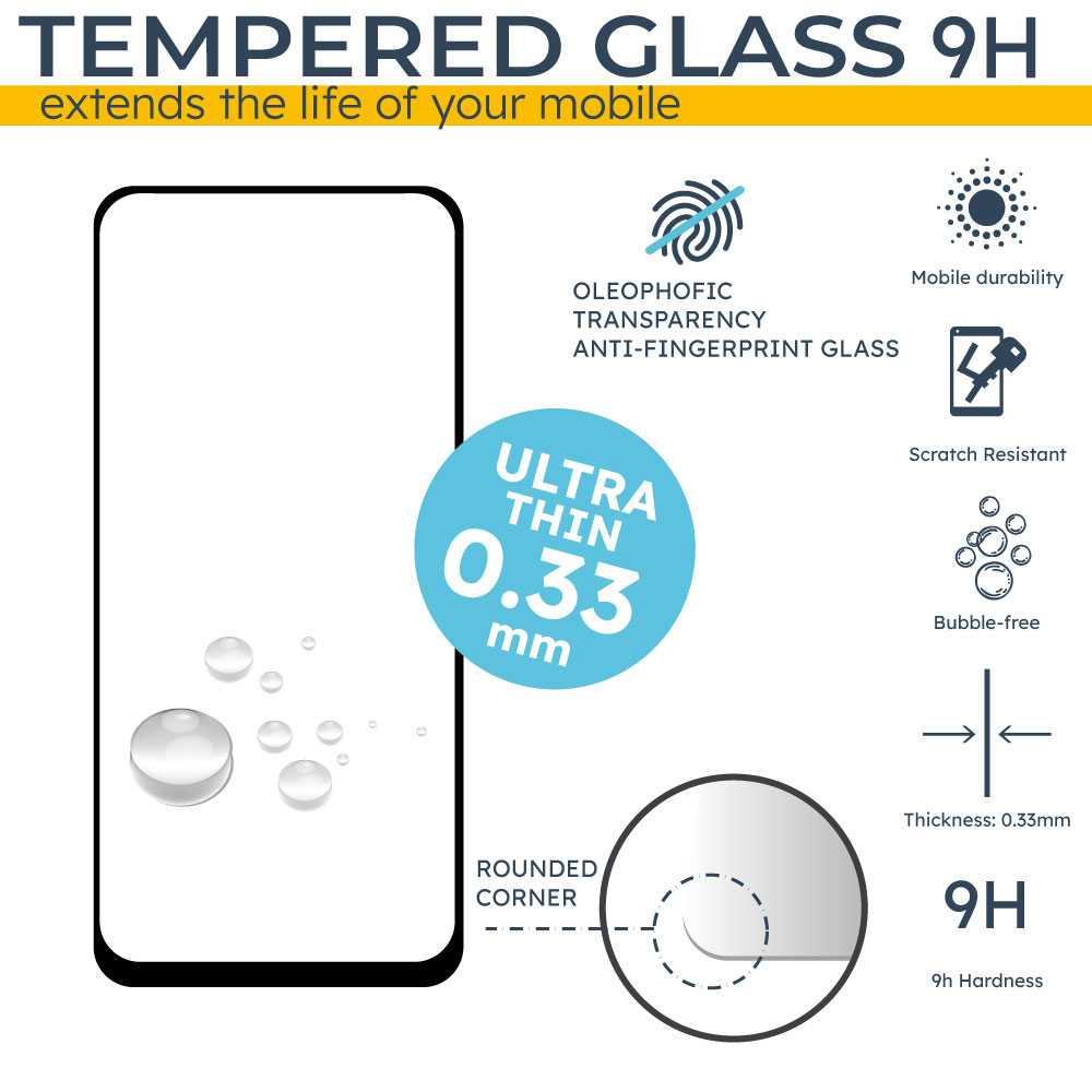 Protector de Pantalla Cristal Templado con Borde Redondo Negro para Realme 9i/9 Pro, Oppo A76/A53/A53S, Vidrio Templado Antigolpes 9D 9H 0.3mm Marco