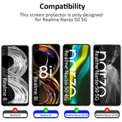 Protector de Pantalla Cristal Templado con Borde Redondo Negro para Realme 8i/Narzo 50 4G, Vidrio Templado Antigolpes 9D 9H 0.3mm Marco