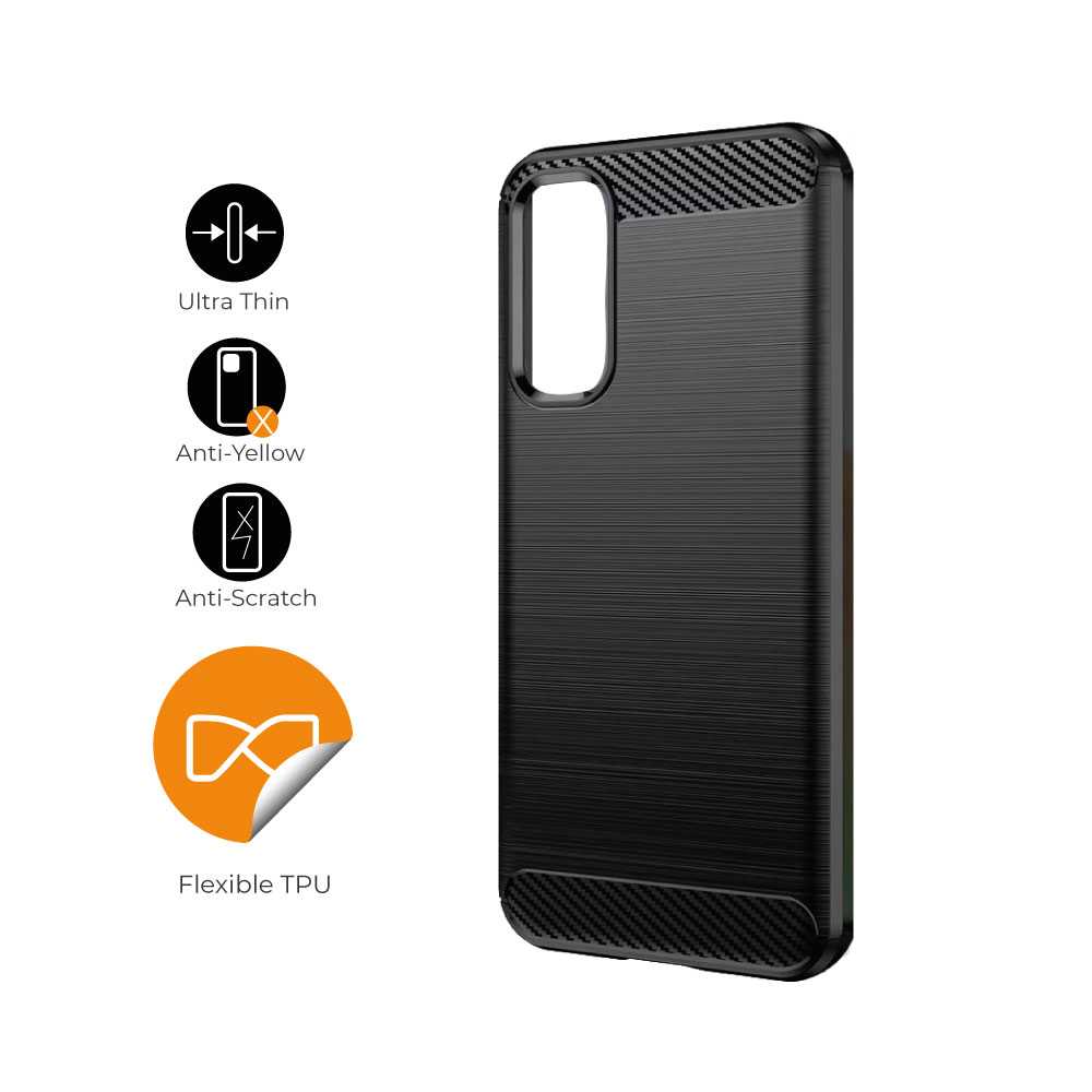 Funda Protectora Negra para Galaxy A54 5G, Carcasa de Proteccion Efecto fibra de carbono, Proteccion para la Camara Trasera, Flexible en Silicona Gel