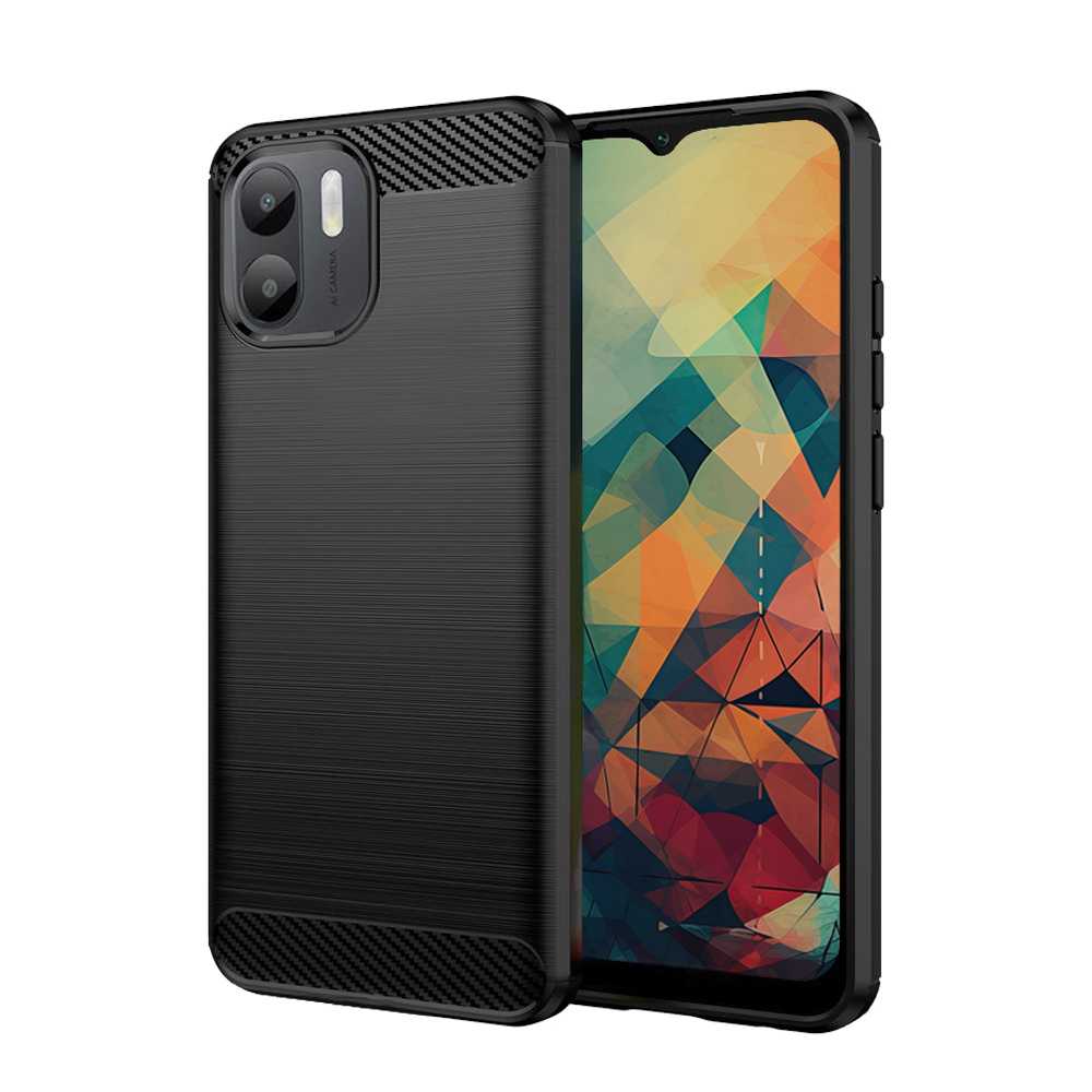 Funda Protectora Negra para Redmi A1 / Redmi A2, Carcasa de Proteccion Efecto fibra de carbono, Proteccion para la Camara Trasera, Flexible en Silicona Gel