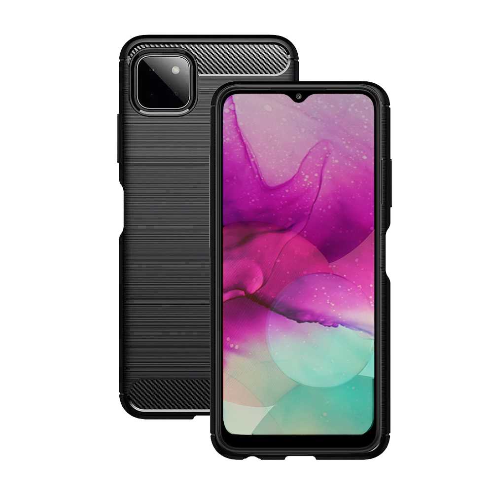 Funda Protectora Negra para Galaxy A22 5G / Galaxy F42 5G / Galaxy Wide5, Carcasa de Proteccion Efecto fibra de carbono, Proteccion para la Camara Trasera, Flexible en Silicona Gel