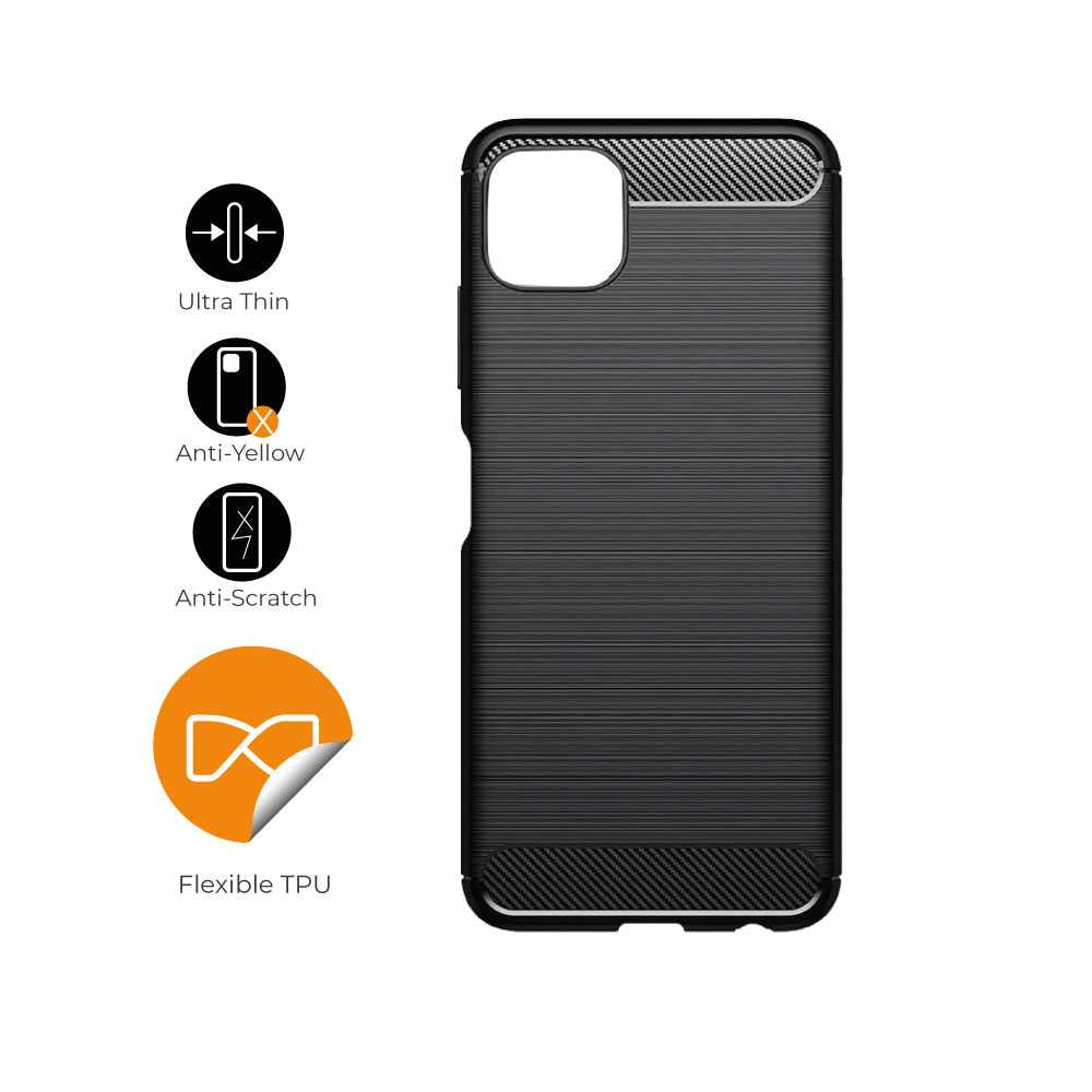 Funda Protectora Negra para Galaxy A22 5G / Galaxy F42 5G / Galaxy Wide5, Carcasa de Proteccion Efecto fibra de carbono, Proteccion para la Camara Trasera, Flexible en Silicona Gel