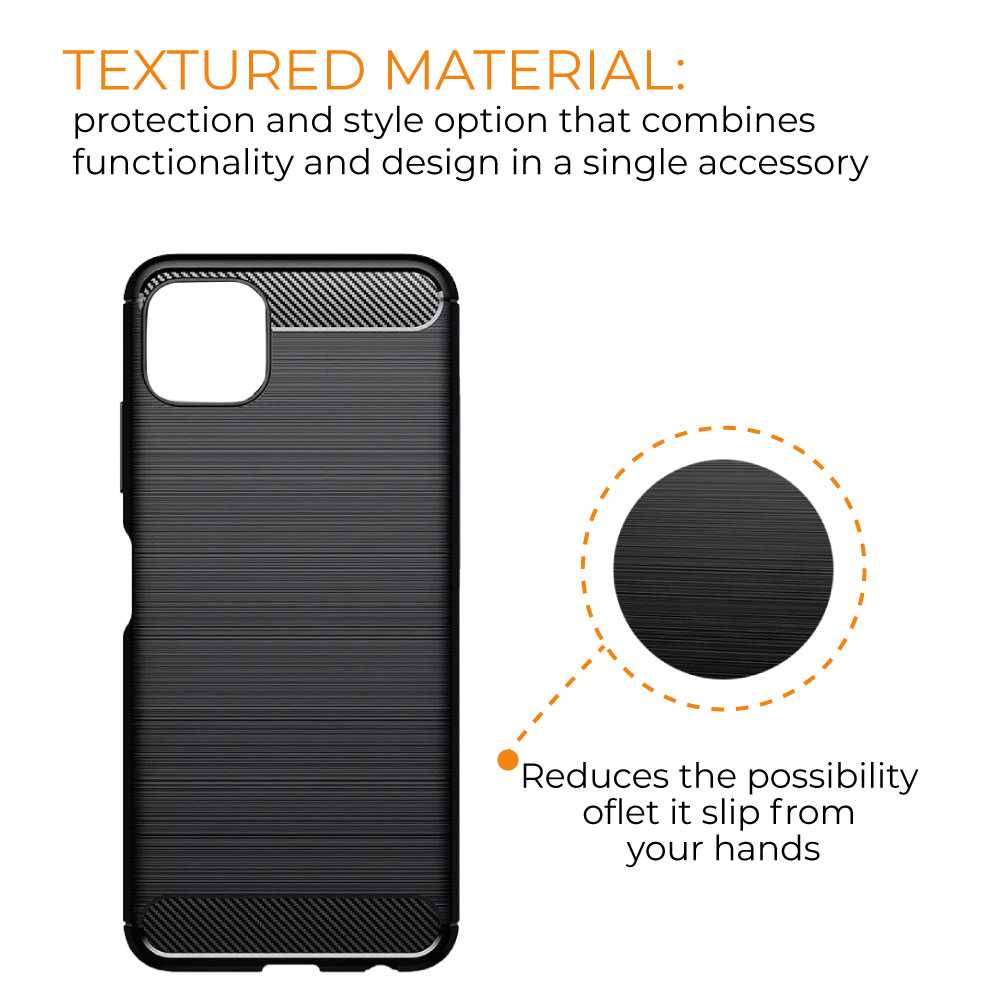 Funda Protectora Negra para Galaxy A22 5G / Galaxy F42 5G / Galaxy Wide5, Carcasa de Proteccion Efecto fibra de carbono, Proteccion para la Camara Trasera, Flexible en Silicona Gel