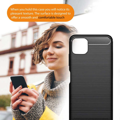 Funda Protectora Negra para Galaxy A22 5G / Galaxy F42 5G / Galaxy Wide5, Carcasa de Proteccion Efecto fibra de carbono, Proteccion para la Camara Trasera, Flexible en Silicona Gel