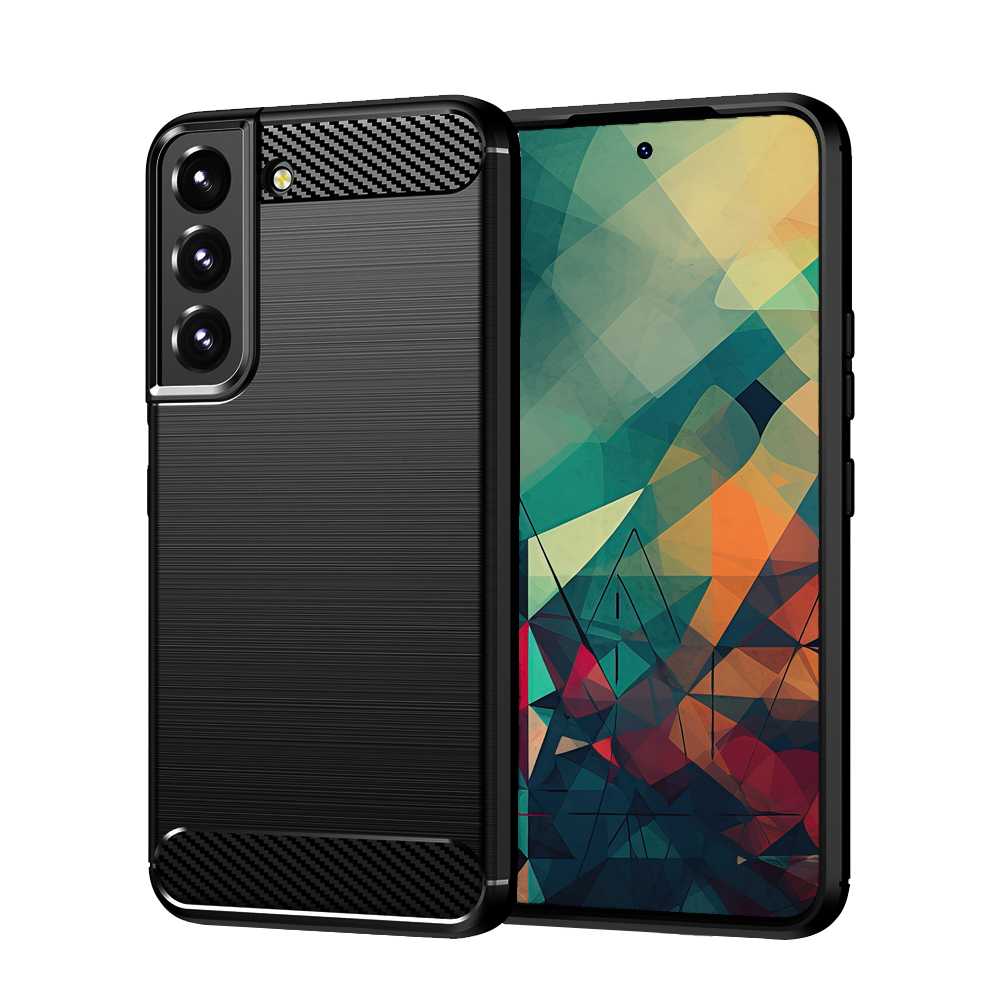 Funda Protectora Negra para Galaxy S22, Carcasa de Proteccion Efecto fibra de carbono, Proteccion para la Camara Trasera, Flexible en Silicona Gel