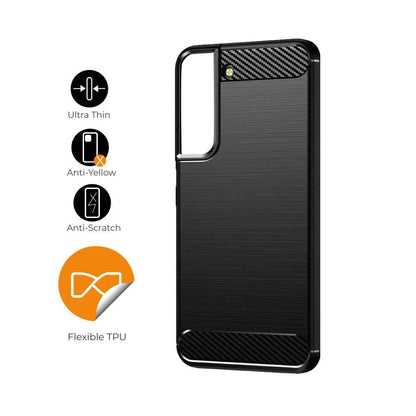 Funda Protectora Negra para Galaxy S22, Carcasa de Proteccion Efecto fibra de carbono, Proteccion para la Camara Trasera, Flexible en Silicona Gel