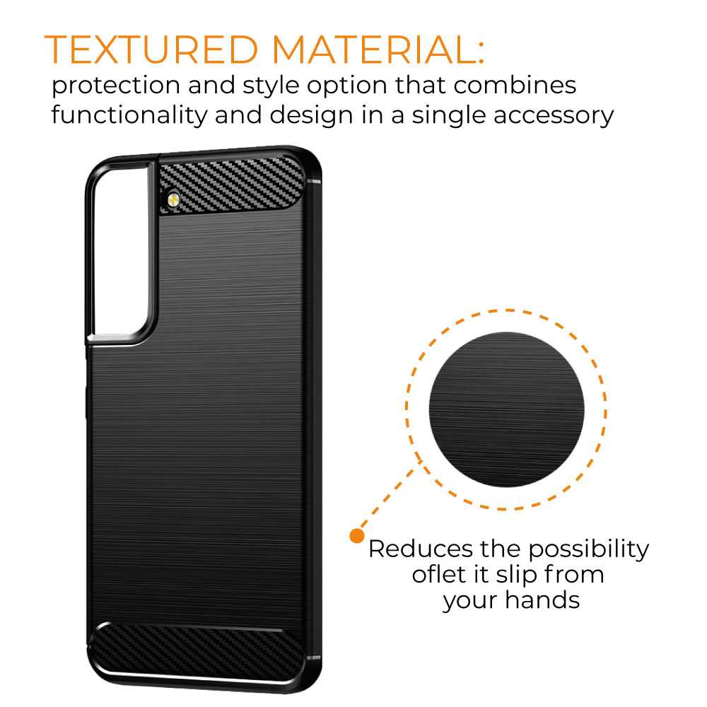 Funda Protectora Negra para Galaxy S22, Carcasa de Proteccion Efecto fibra de carbono, Proteccion para la Camara Trasera, Flexible en Silicona Gel