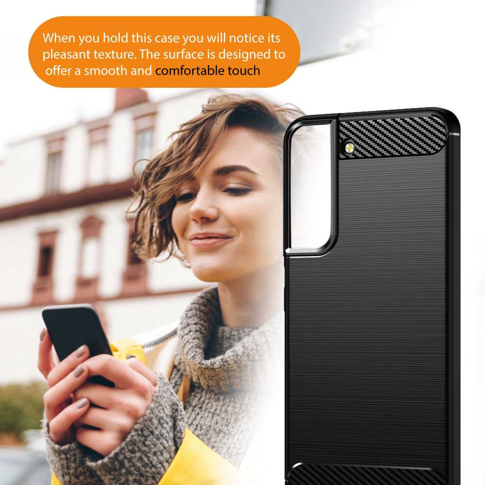 Funda Protectora Negra para Galaxy S22, Carcasa de Proteccion Efecto fibra de carbono, Proteccion para la Camara Trasera, Flexible en Silicona Gel