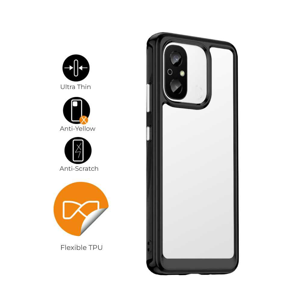 Funda de TPU para Redmi 12C, Funda transparente con borde negro, Proteccion en Camaras, Silicona Transparente