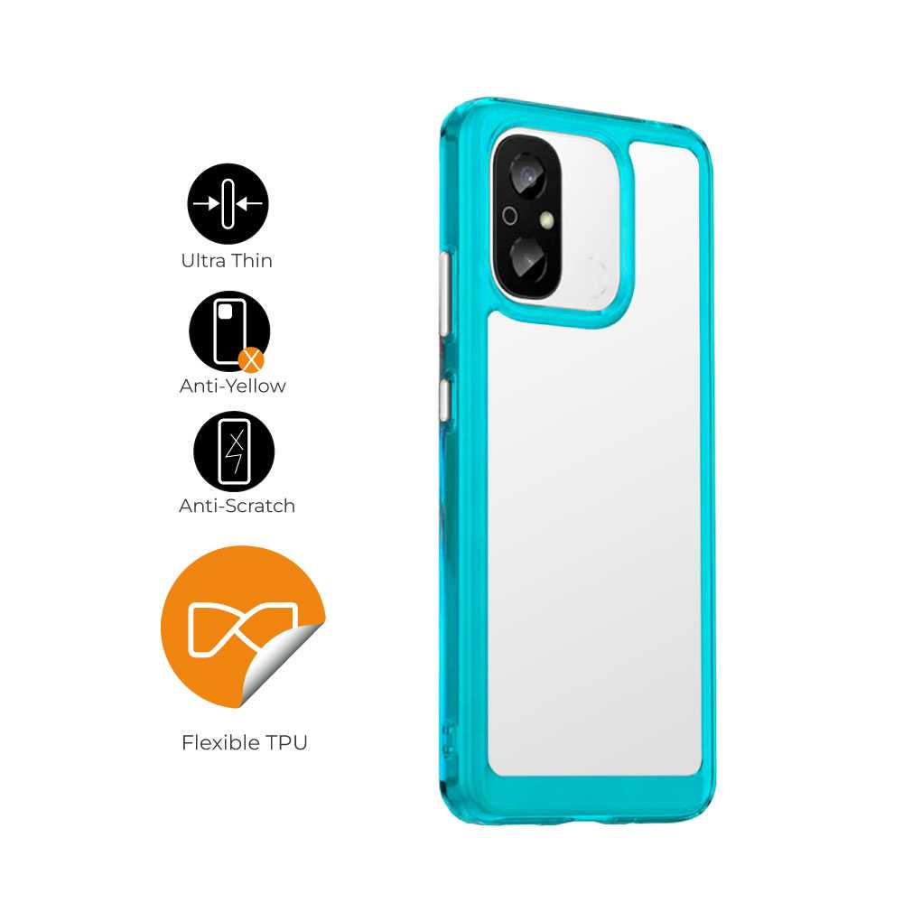 Funda de TPU para Redmi 12C, Funda transparente con borde azul, Proteccion en Camaras, Silicona Transparente