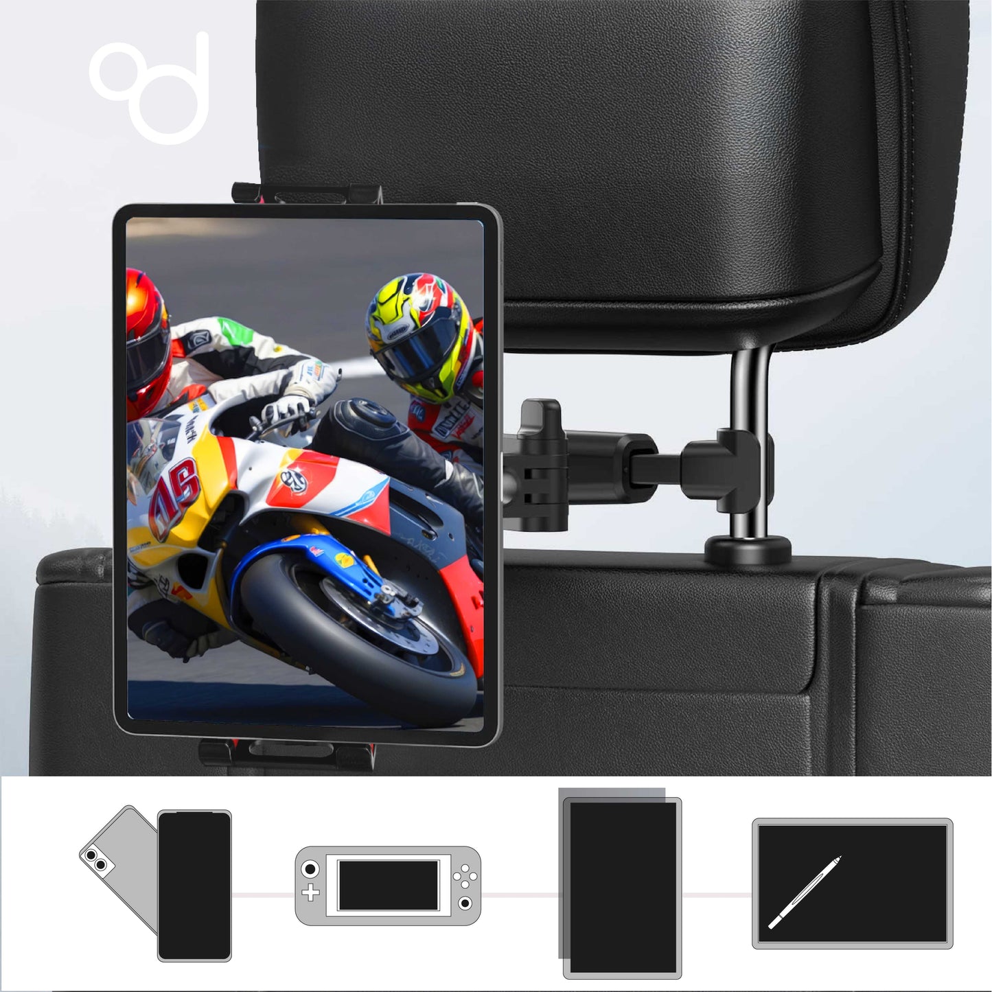 OcioDual Soporte Tablet Coche Reposacabezas, Abrazadera para Reposacabezas, Soporte para Tablet Coche Extensible, Rotación 360º,