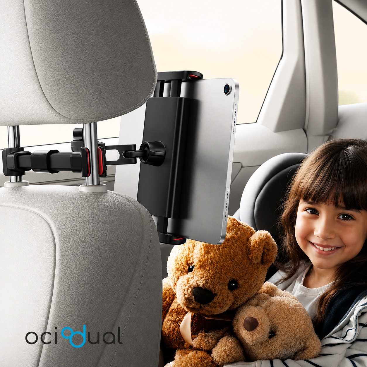 OcioDual Soporte Tablet Coche Reposacabezas, Abrazadera para Reposacabezas, Soporte para Tablet Coche Extensible, Rotación 360º,