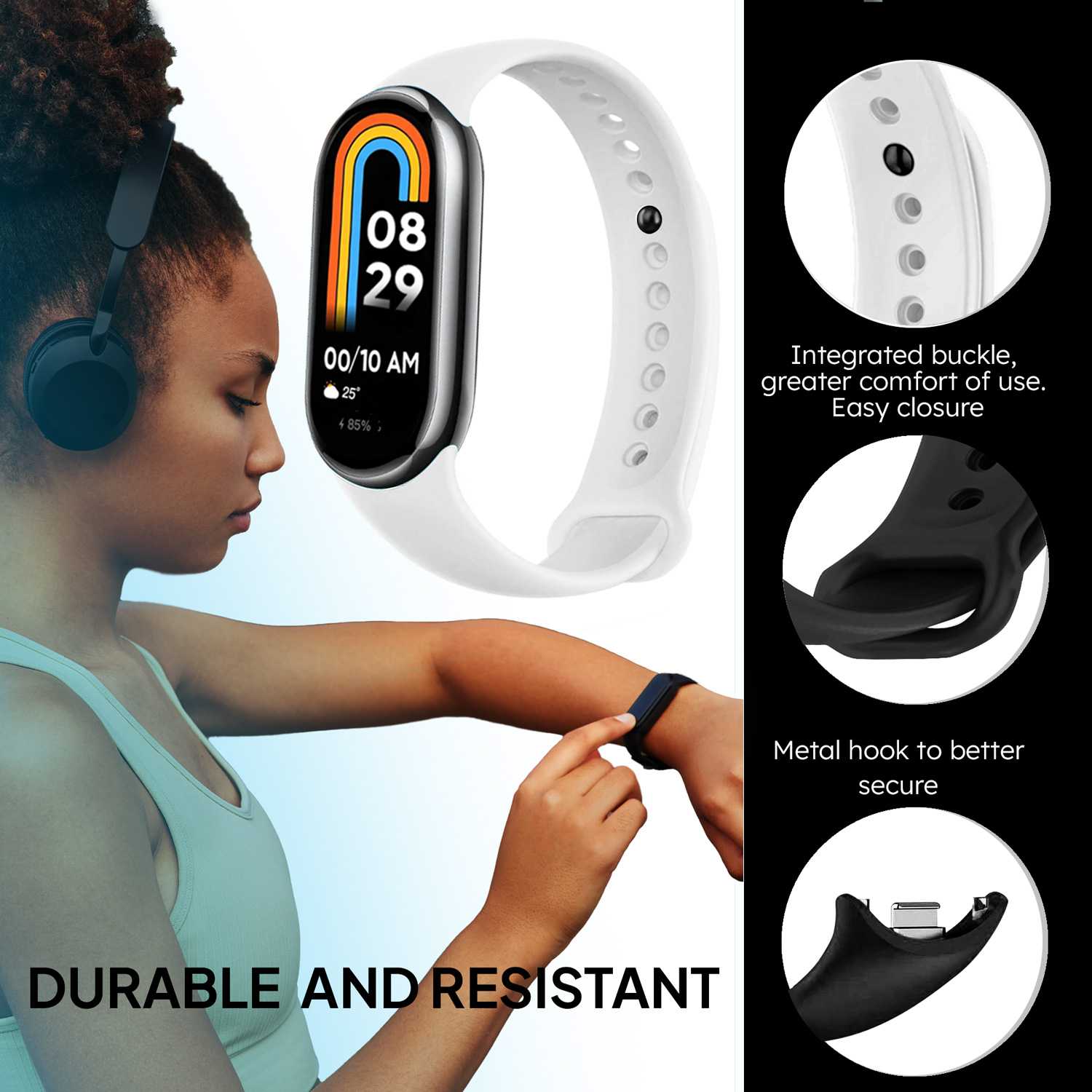 Correa de Recambio para Xiaomi Mi Band 8, de color Blanco, Pulsera de Repuesto de Silicona, Enganche Métalico, Flexible