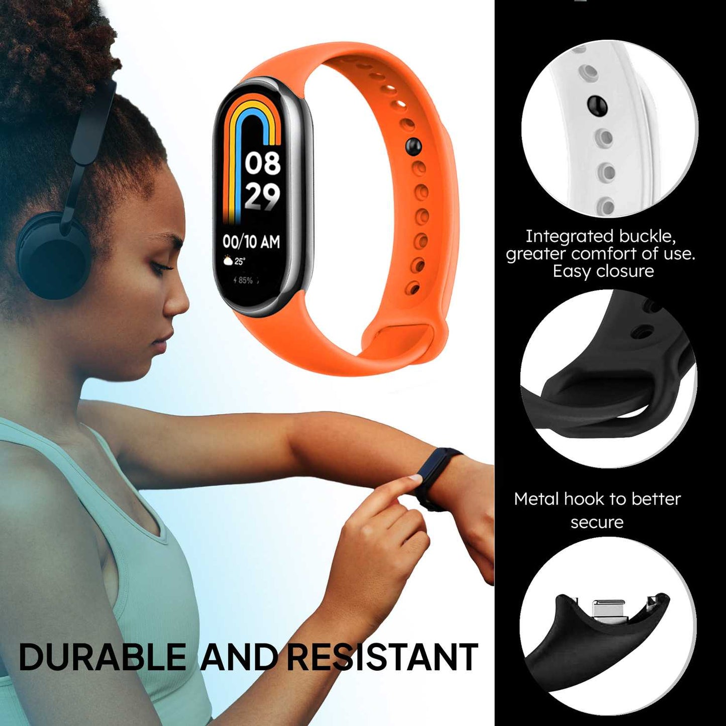 Correa de Recambio para Xiaomi Mi Band 8, de color Naranja, Pulsera de Repuesto de Silicona, Enganche Métalico, Flexible