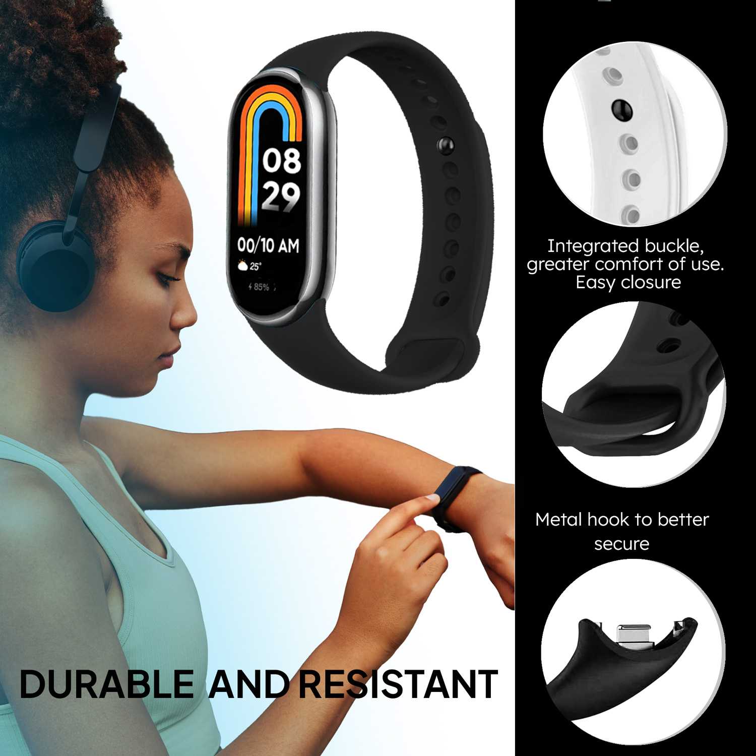 Correa de Recambio para Xiaomi Mi Band 8, de color Negro, Pulsera de Repuesto de Silicona, Enganche Métalico, Flexible