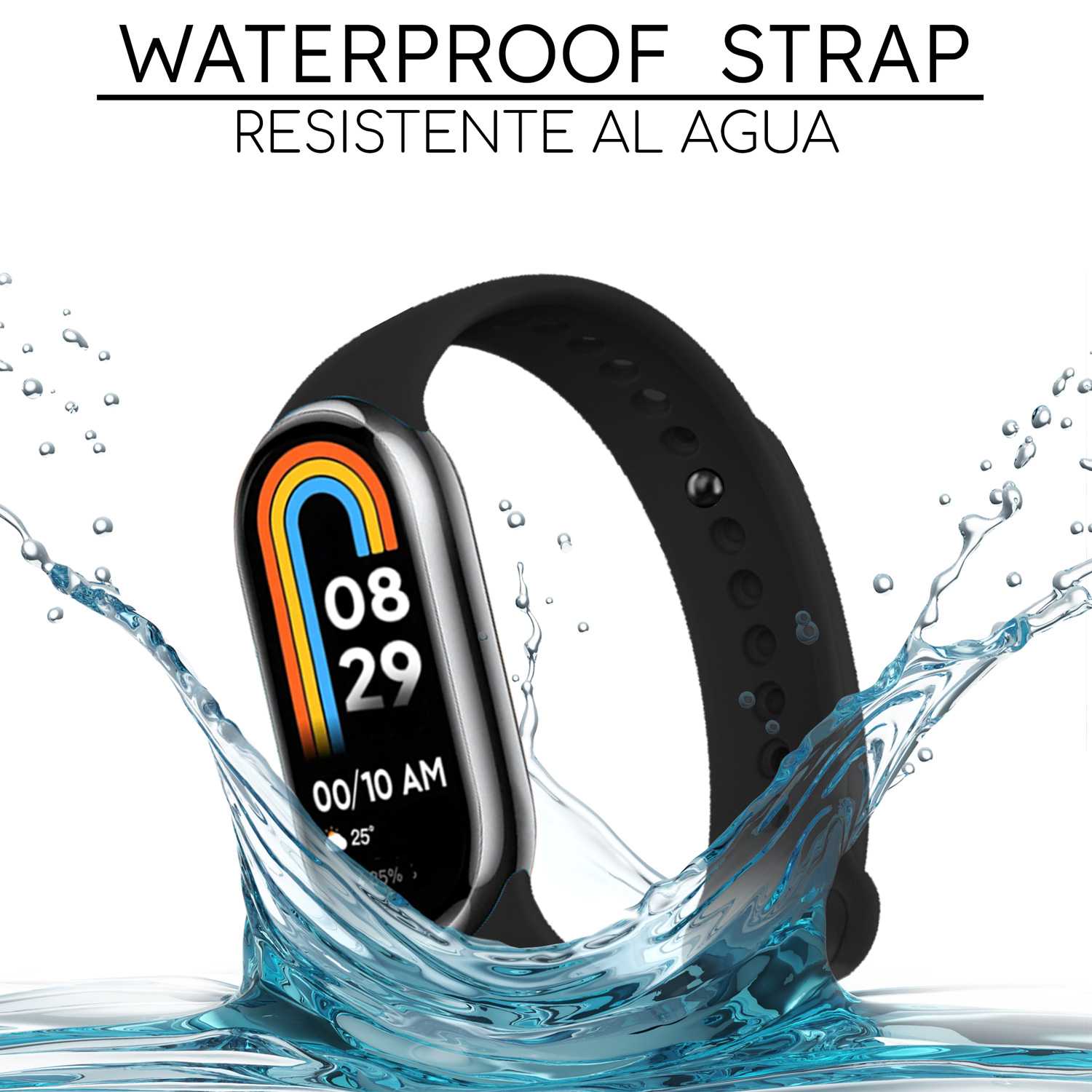 Correa de Recambio para Xiaomi Mi Band 8, de color Negro, Pulsera de Repuesto de Silicona, Enganche Métalico, Flexible