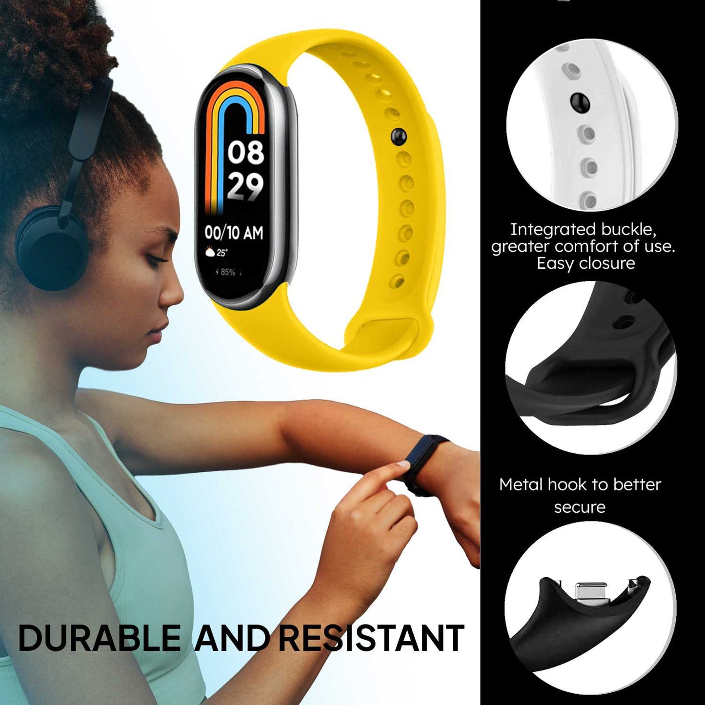 Correa de Recambio para Xiaomi Mi Band 8, de color Amarillo, Pulsera de Repuesto de Silicona, Enganche Métalico, Flexible