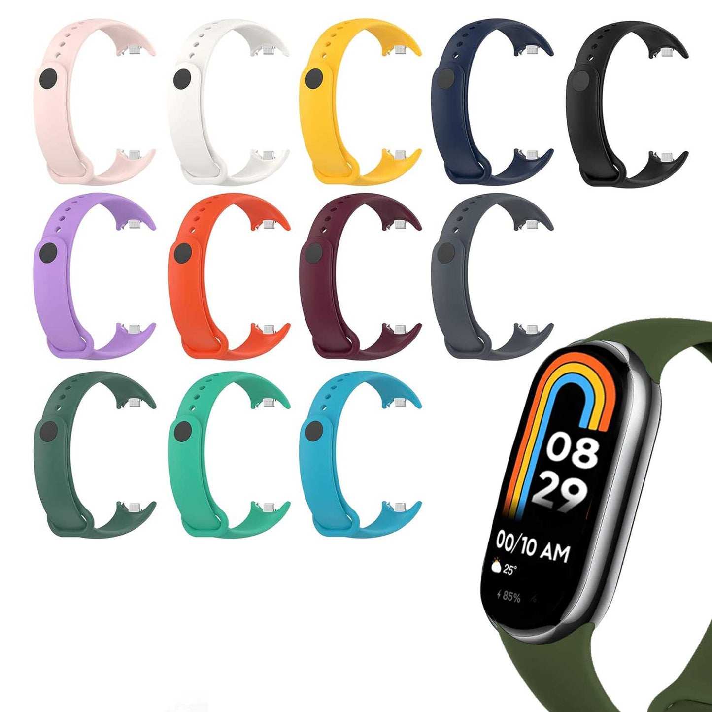 Correa de Recambio para Xiaomi Mi Band 8, de color Verde Militar, Pulsera de Repuesto de Silicona, Enganche Métalico, Flexible