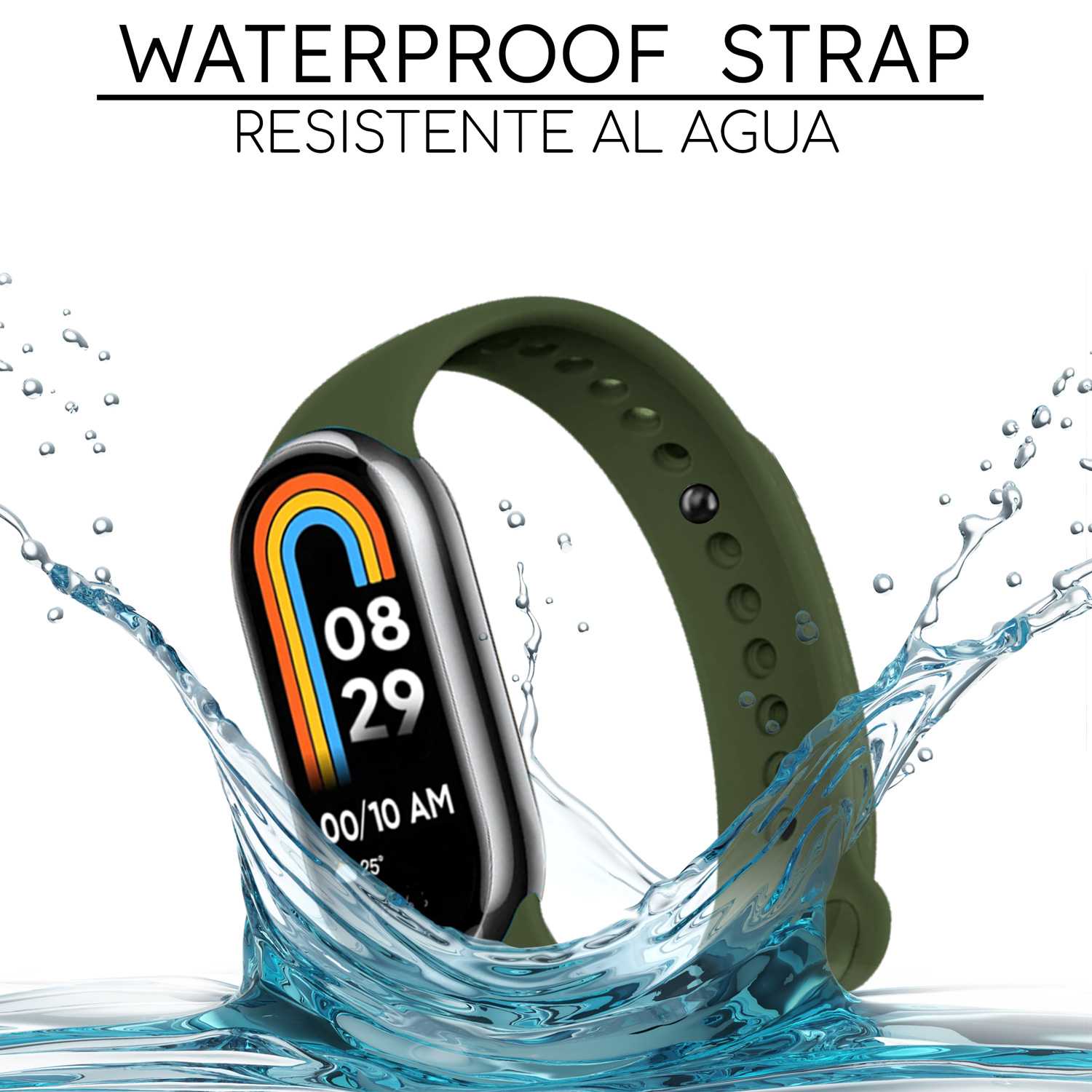 Correa de Recambio para Xiaomi Mi Band 8, de color Verde Militar, Pulsera de Repuesto de Silicona, Enganche Métalico, Flexible