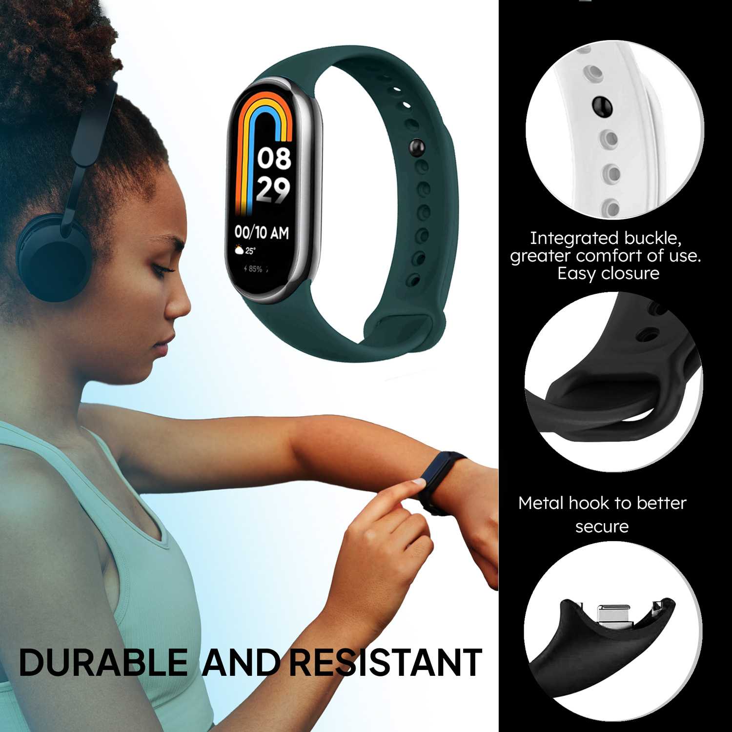 Correa de Recambio para Xiaomi Mi Band 8, de color Verde Oscuro, Pulsera de Repuesto de Silicona, Enganche Métalico, Flexible