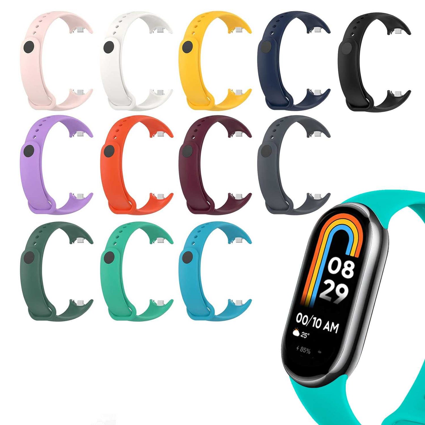 Correa de Recambio para Xiaomi Mi Band 8, de color turquesa, Pulsera de Repuesto de Silicona, Enganche Métalico, Flexible