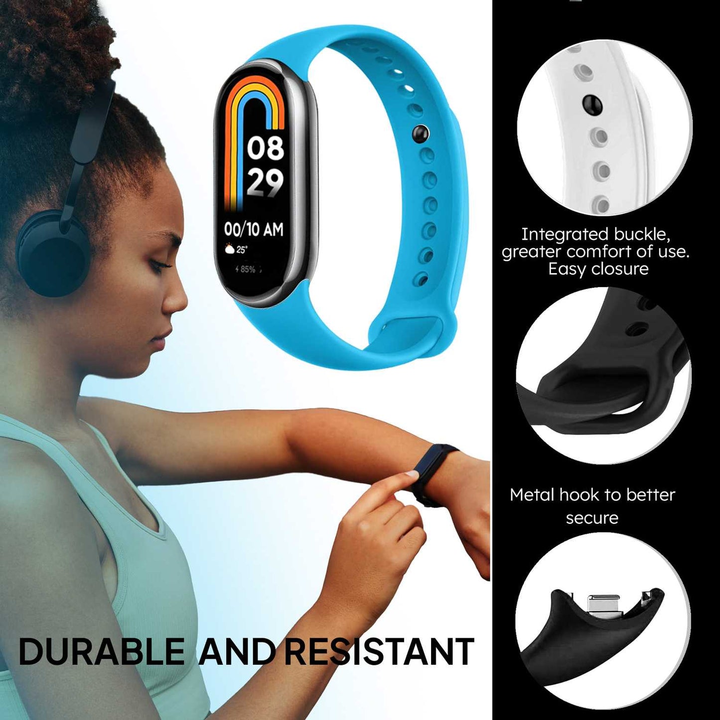 Correa de Recambio para Xiaomi Mi Band 8, de color Azul Celeste, Pulsera de Repuesto de Silicona, Enganche Métalico, Flexible