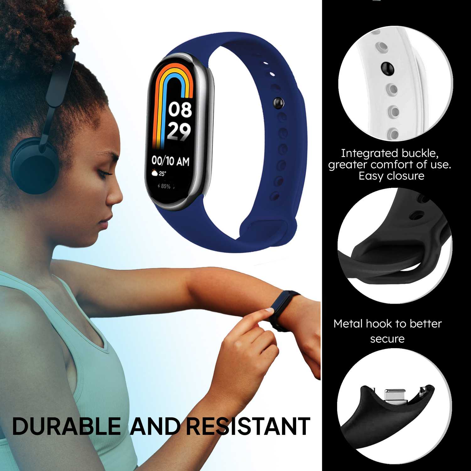 Correa de Recambio para Xiaomi Mi Band 8, de color Azul Oscuro, Pulsera de Repuesto de Silicona, Enganche Métalico, Flexible