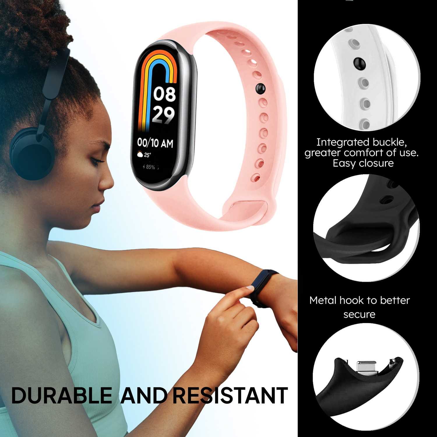 Correa de Recambio para Xiaomi Mi Band 8, de color Rosa Palo, Pulsera de Repuesto de Silicona, Enganche Métalico, Flexible