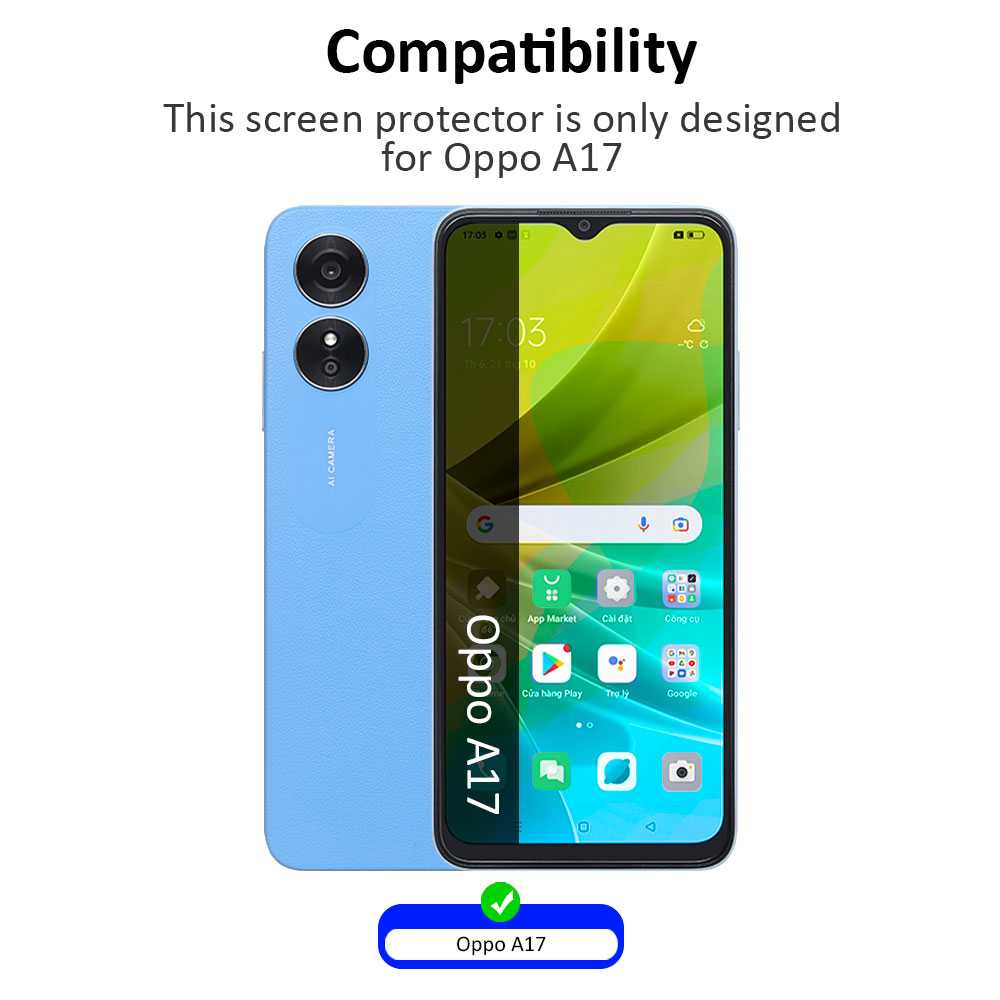 3 Protectores para Oppo A17, Pack x3 Protectores de Pantalla, Cristal Templado,  Antiarañazos,