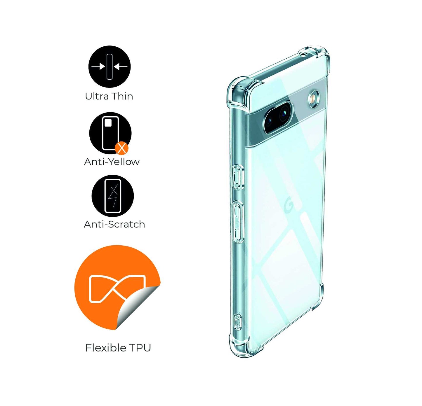 Funda de TPU para Google Pixel 7A, Carcasa Flexible con Esquinas Reforzadas Antigolpes, Protección en Cámaras, Silicona Transparente