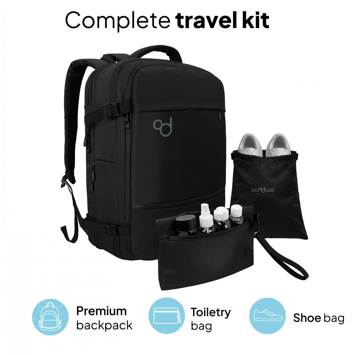Mochila de cabina grande con neceser, bolsa para zapatos y funda de lluvia