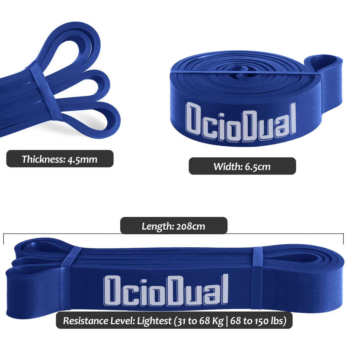 Medidas de banda elástica azul de 45 mm de ancho y 208 cm de longitud