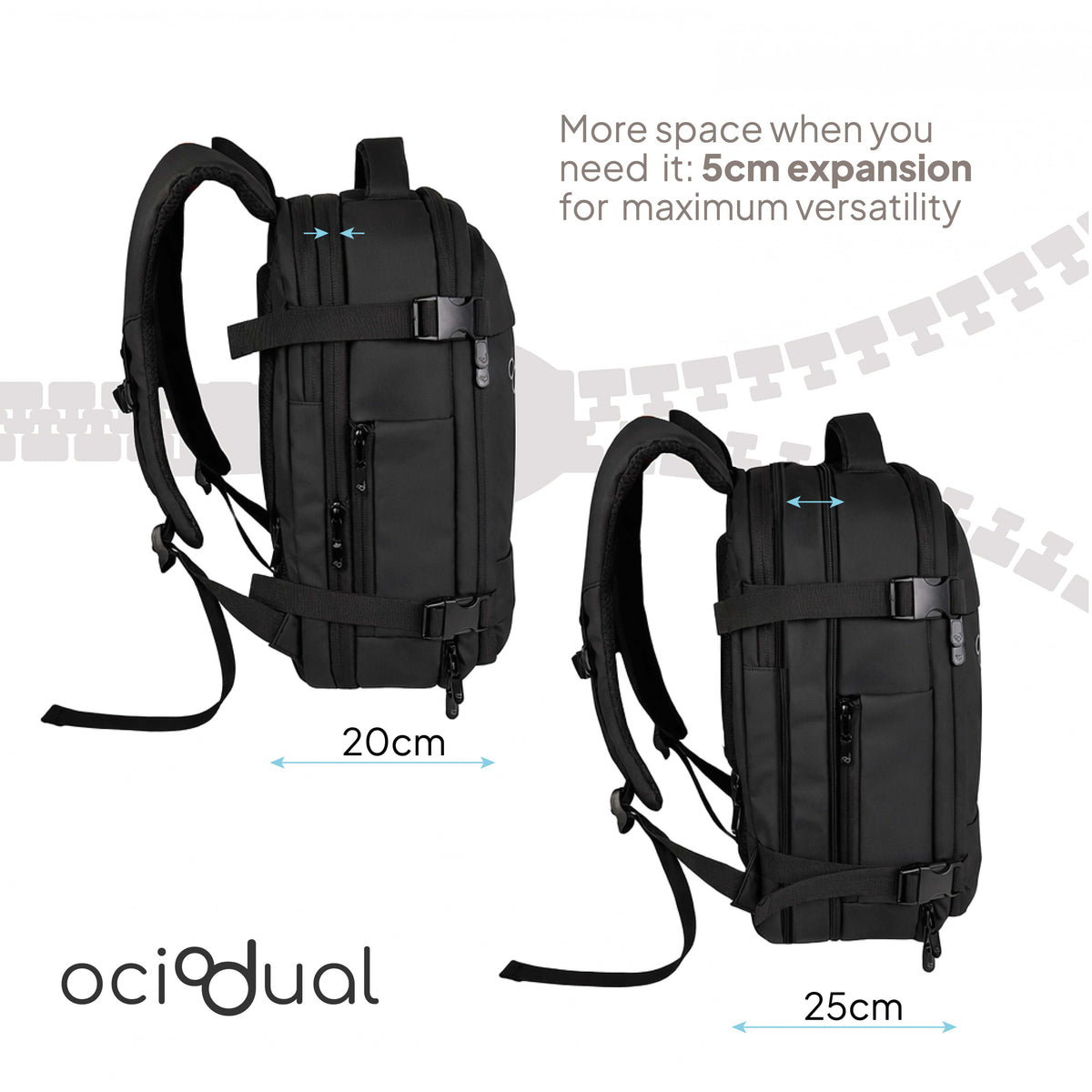 Mochila de cabina grande expandible de 20 a 25 cm de profundidad