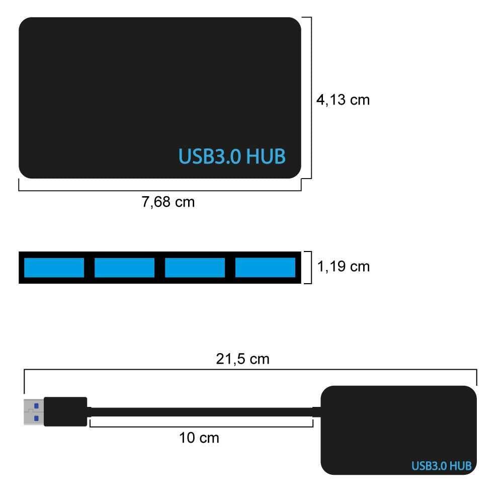 HUB USB 3.0 de 4 Puertos Negro Alta Velocidad con Toma Corriente Extra Opcional Super Speed SS para Ordenador Portátil