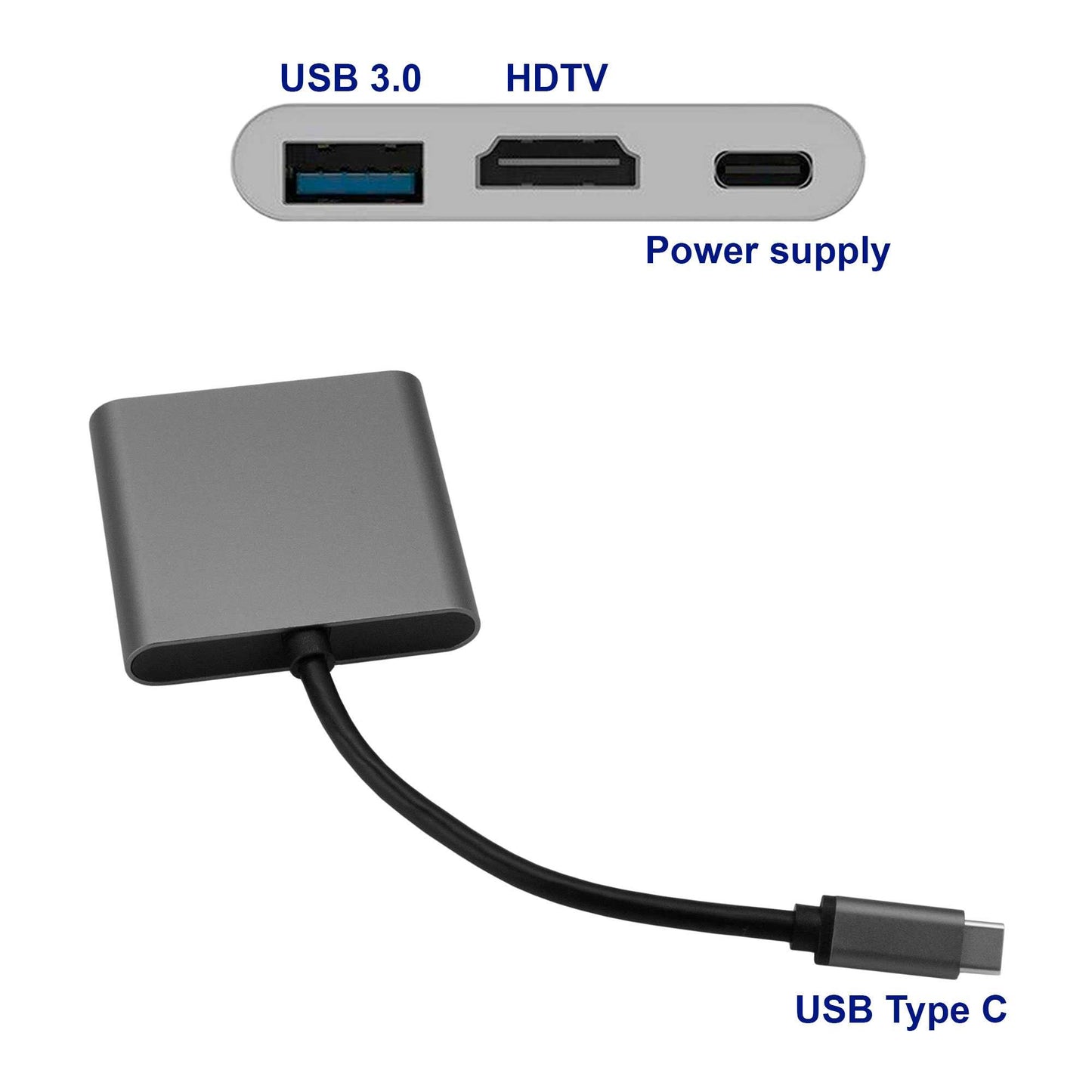 Adaptador de USB 3.1 Tipo C Macho a USB Type A y Salida HDTV Hembras Audio Video Transferencia Datos Plata Cable Conversor USB Tipo C 3.1 Multipuerto Adapter Converter