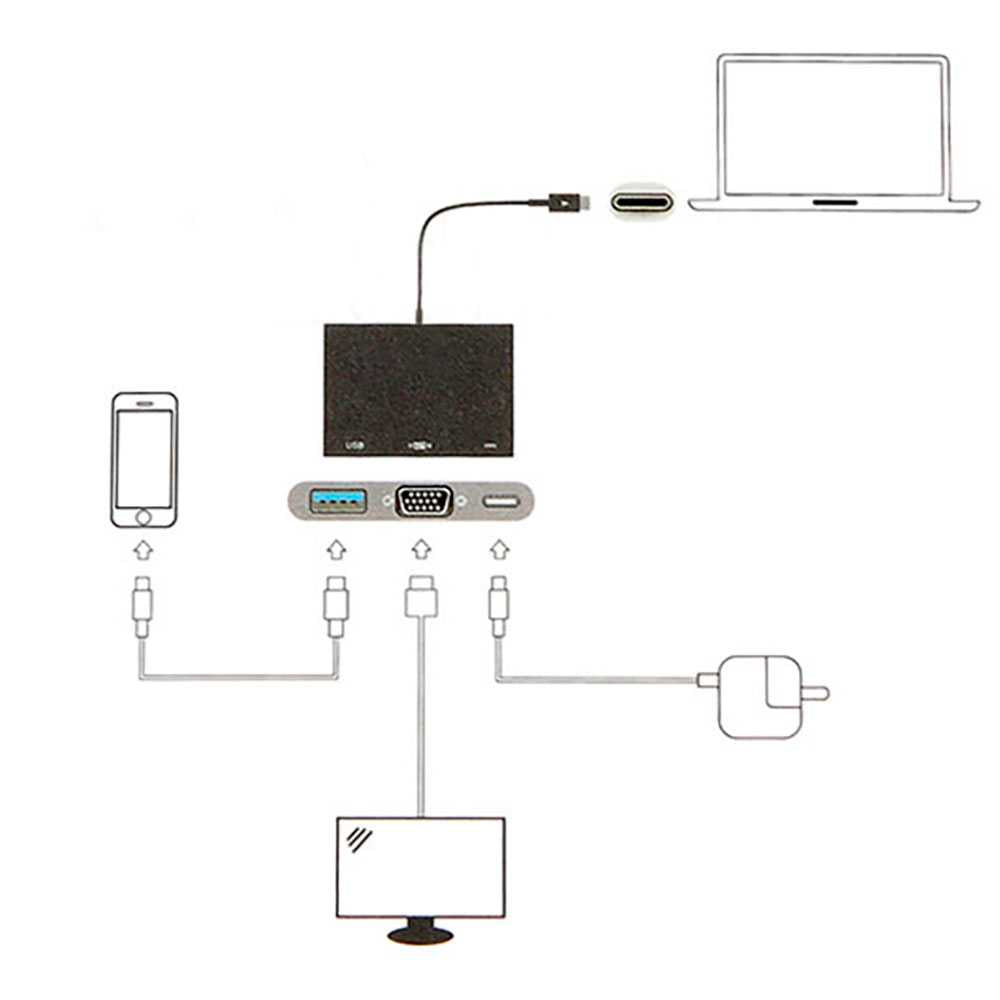 Adaptador USB 3.1 USB-C Male - USB A hembra / USB-C Female / Salida VGA Plateado