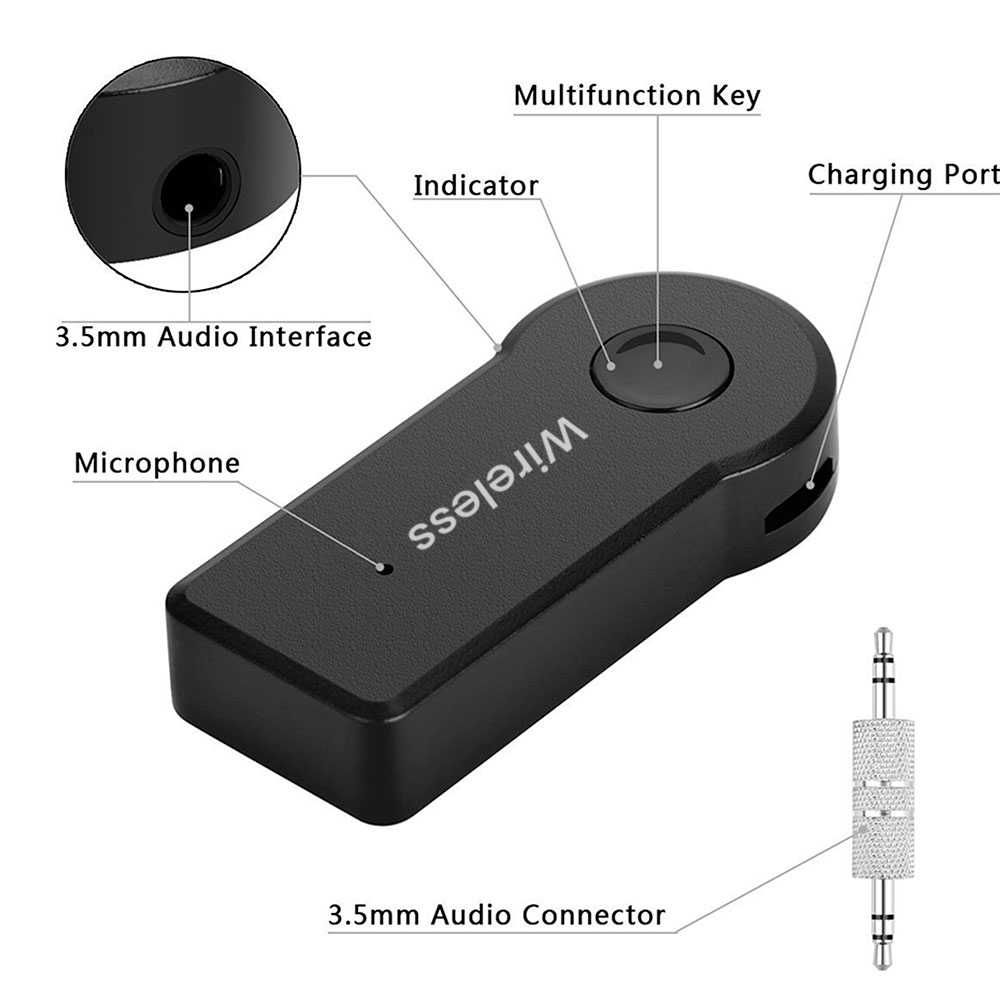 Receptor de Audio Inalámbrico Bluetooth BT V3 Conector Aux Jack 3.5mm Manos Libres Batería Integrada para Coche Negro