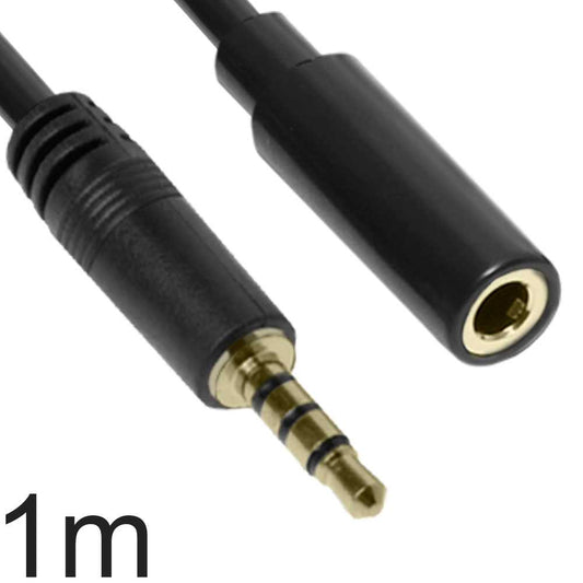 Cable de Audio con Micro 1m Negro Alargador Mini Jack 3.5mm OMTP TRRS 4 Polos Macho a Hembra Estéreo para Teléfonos PC