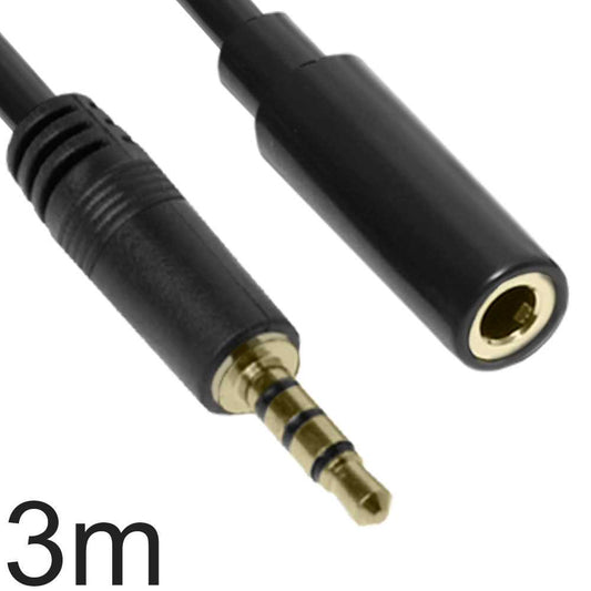 Cable de Audio con Micro 3m Negro Alargador Mini Jack 3.5mm OMTP TRRS 4 Polos Macho a Hembra Estéreo para Teléfonos PC