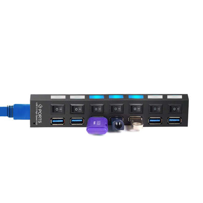 Ladrón HUB USB 3.0 de 7 Puertos Negro Alta Velocidad con Interruptor de Encendido y Apagado para Windows, Mac Os, Linux, PC y Ordenador Portatil