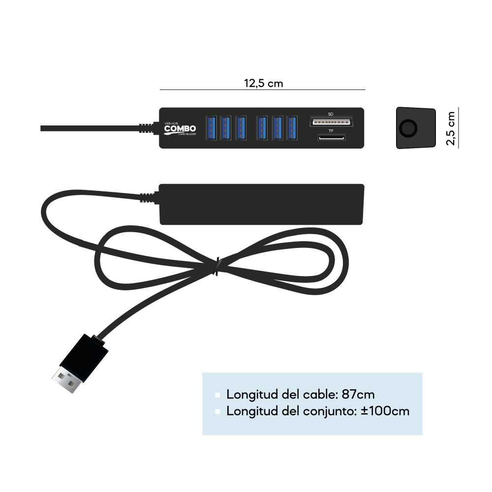 Ladrón Multipuerto Negro Adaptador HUB de 6 Puertos USB 2.0 + Lector tarjetas SD + Lector Micro SD Velocidad hasta 5GBPS