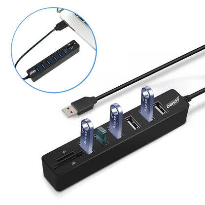 Ladrón Multipuerto Negro Adaptador HUB de 6 Puertos USB 2.0 + Lector tarjetas SD + Lector Micro SD Velocidad hasta 5GBPS