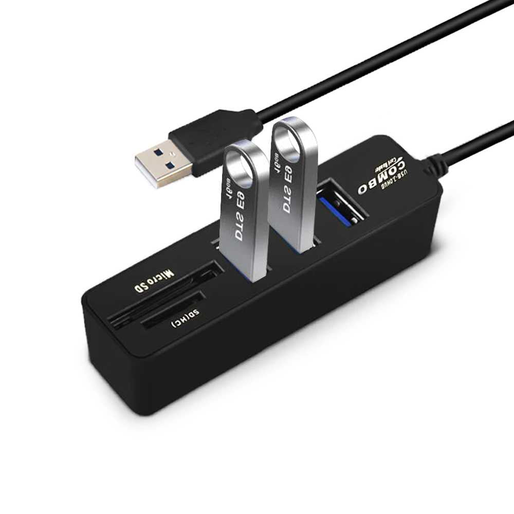 Ladrón Multipuerto Negro Adaptador HUB de 3 Puertos USB 2.0 + Lector tarjetas SD + Lector Micro SD Velocidad hasta 5GBPS