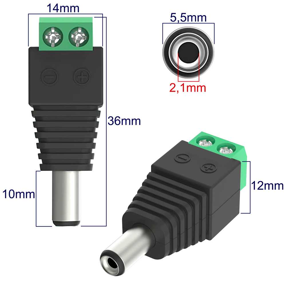 Conector DC 2,1mm x 5,5mm Macho Adaptador para Camara CCTV Tira Luces LED Strip Seguridad Domestica e Iluminacion Fiestas Enchufe