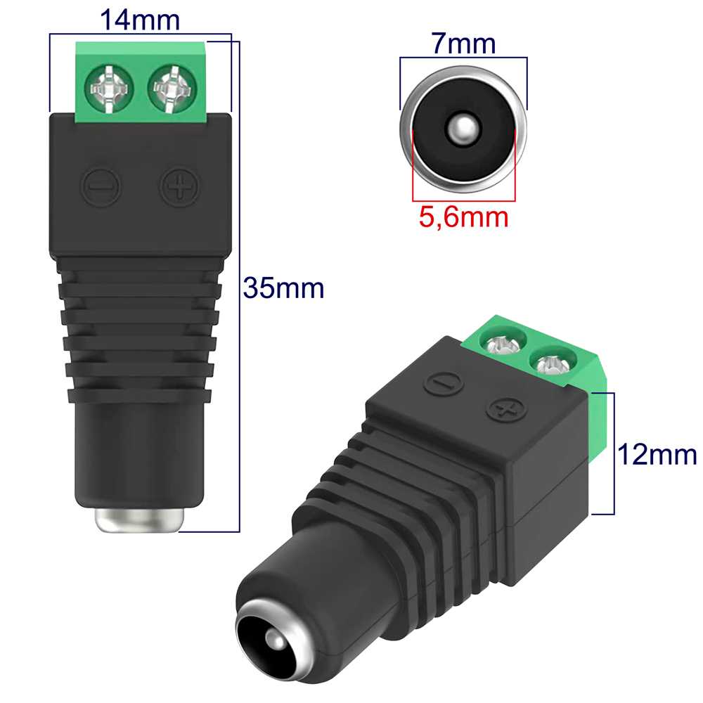 Conector DC 2,1mm x 5,5mm Hembra Adaptador para Camara CCTV Tira Luces LED Strip Seguridad Domestica e Iluminacion Fiestas Enchufe